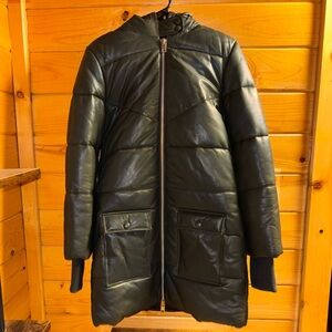 Walter Baker real leather long olive green puffer coat size small